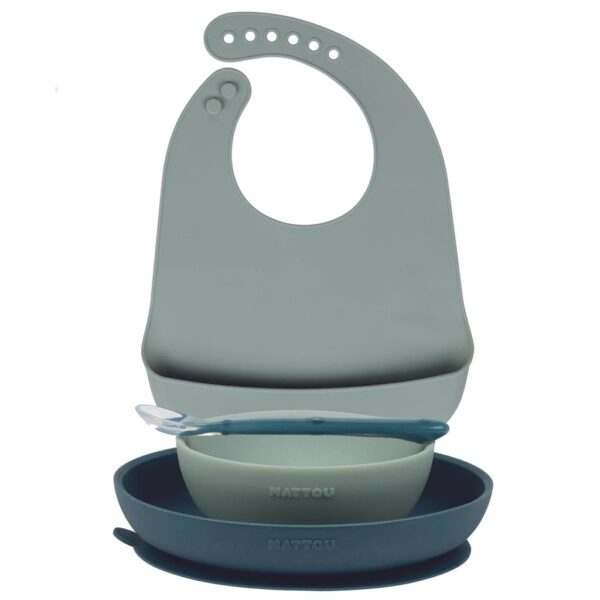 Nattou Set 4 Stoviglie con Bavaglino in Silicone Verde