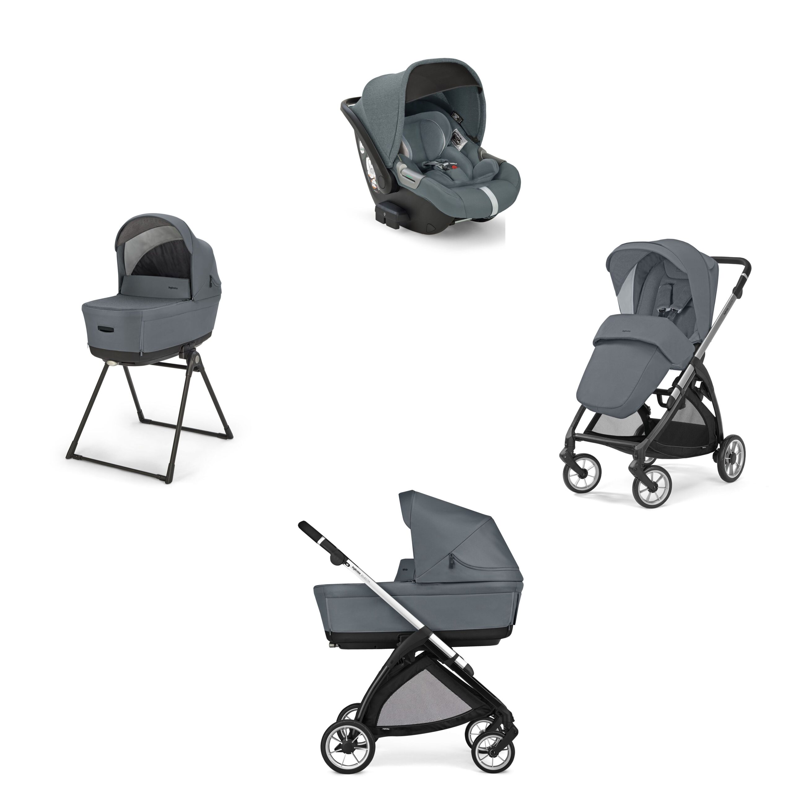 Electa System Quattro colore Union Grey con telaio Silver Black e seggiolino auto Darwin Infant Recline Inglesina Trio Electa Recline Union Grey