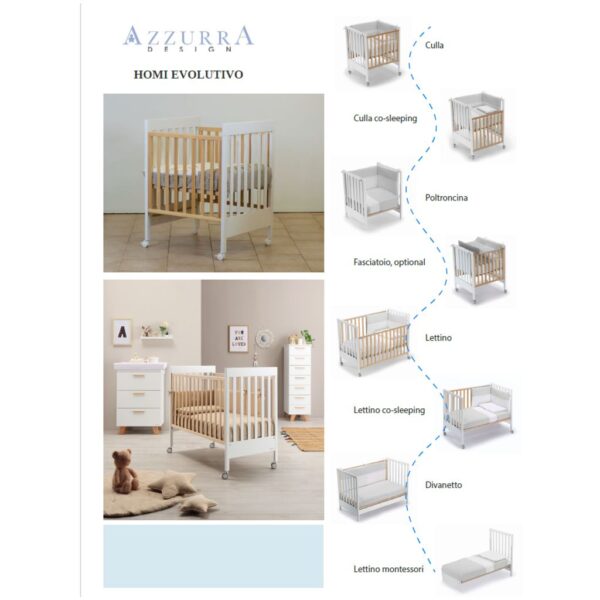 Azzurra Design Homi Evolutivo – Culla, Lettino Co-Sleeping e Montessori con Materassi e Corredino Inclusi